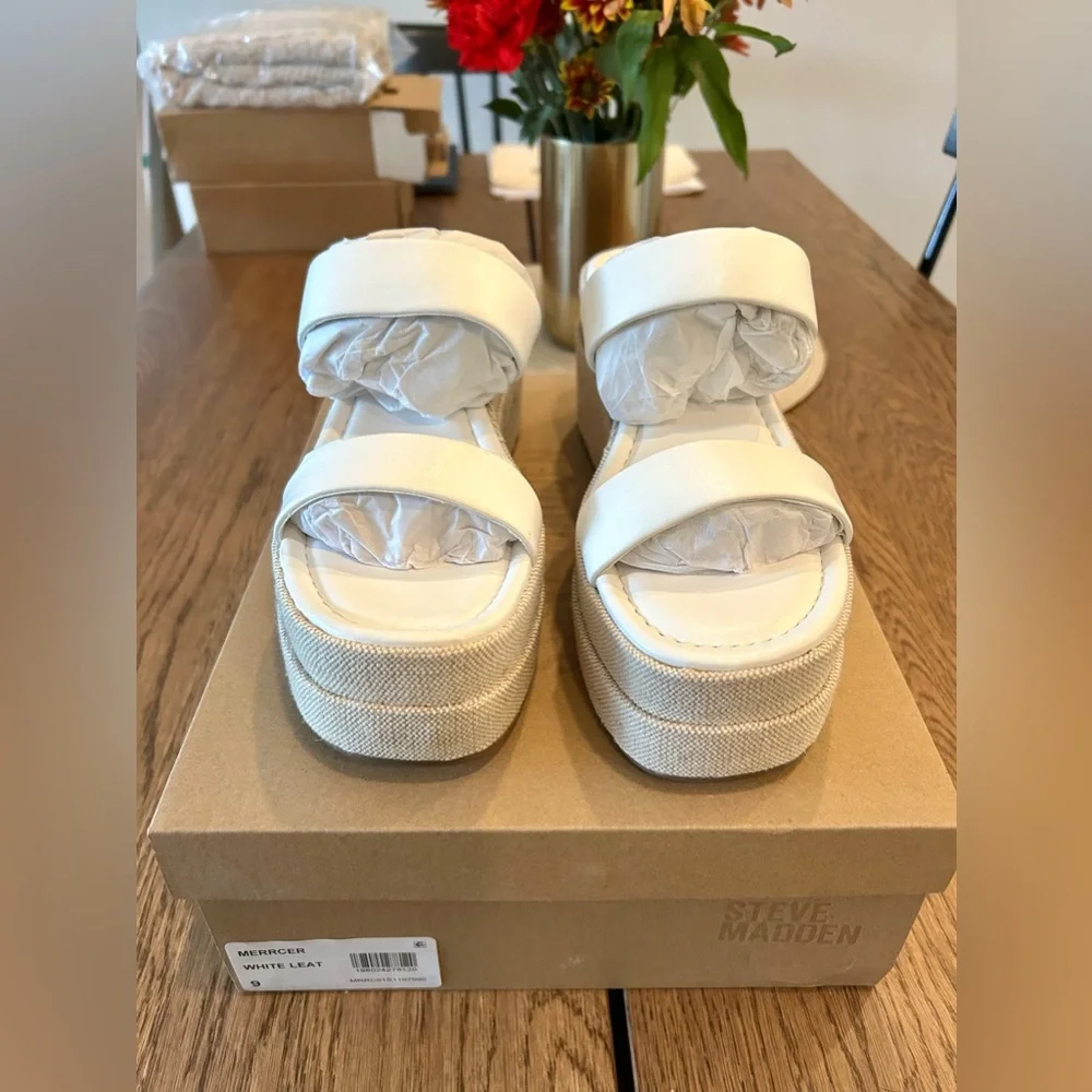 Steve Madden White Leather Platform Slide Sandals Size 9